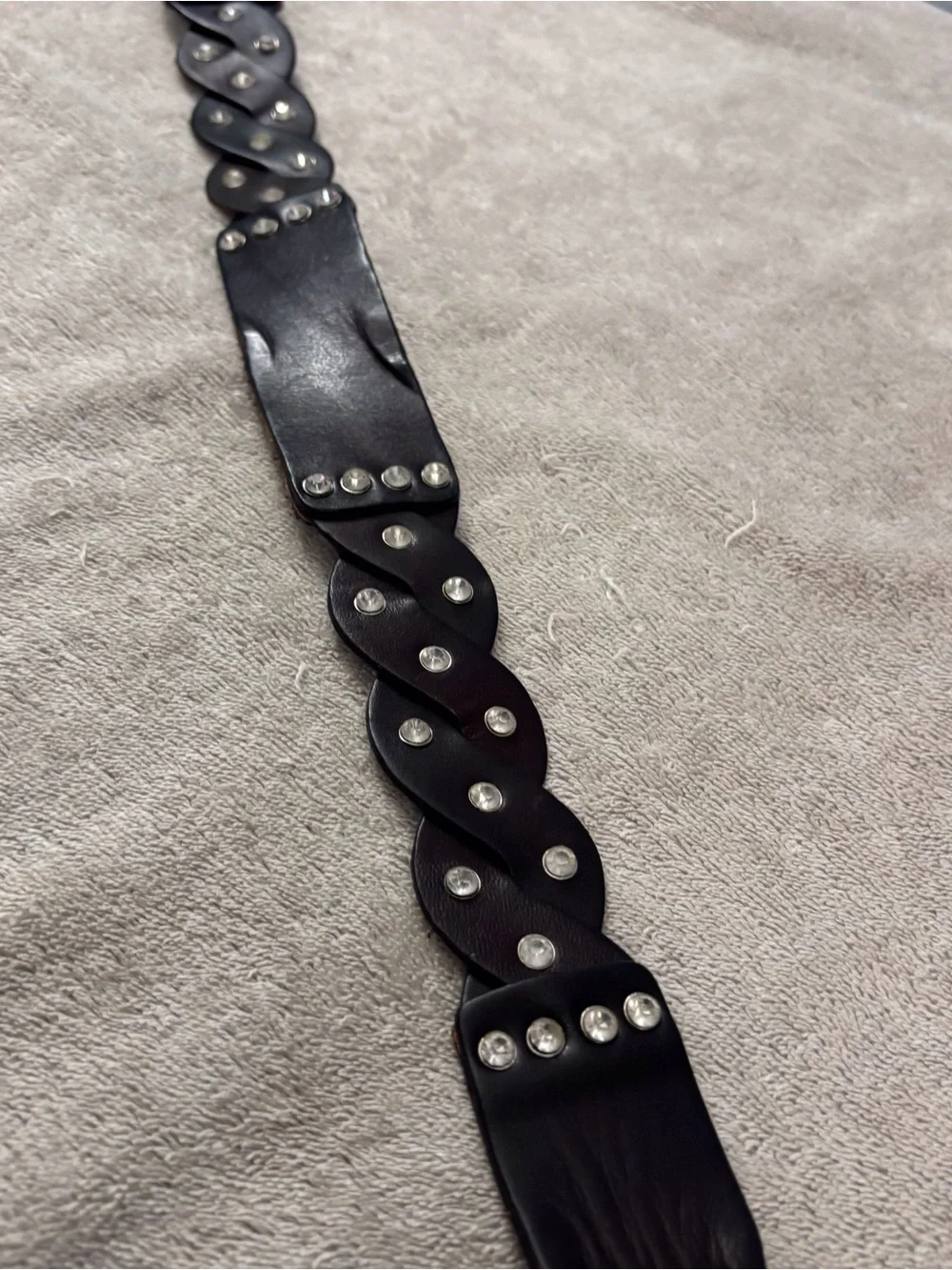 Daytrip Dark Brown Leather Braided Belt with Rhinestone Buckle SZ 34 NWT Boho